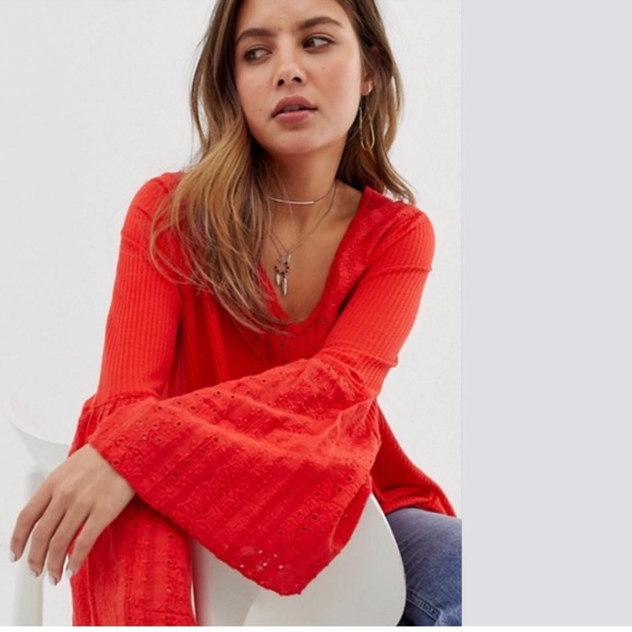 Free People Parisian Nights Blouse Top Red NWT - Picture 5 of 7